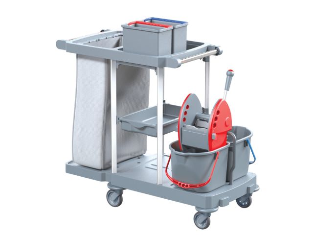 Wózek serwisowy do sprzątania,  MERIDA OPERA,  czerwona prasa, 2 x wiadro 15 l, 2 x wiaderko serwisowe 7 l, worek z tworzywa sztucznego